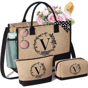 Personalized Gifts for Women Tote Bag, Initial Jute Tote Bag & Makeup Bags V